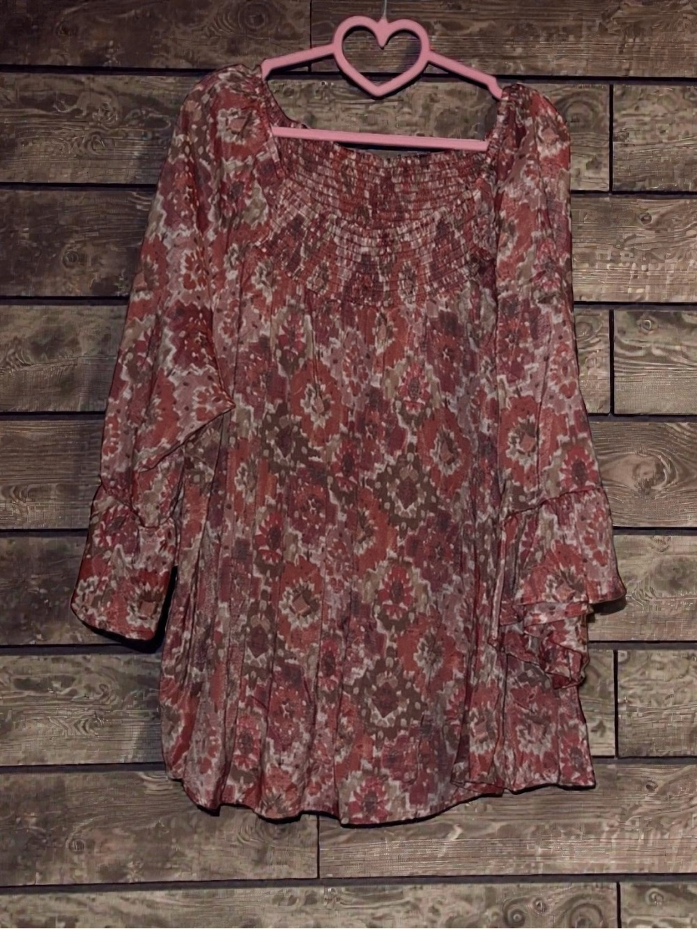Cocomo Women's Blouse in Red and Brown Pattern